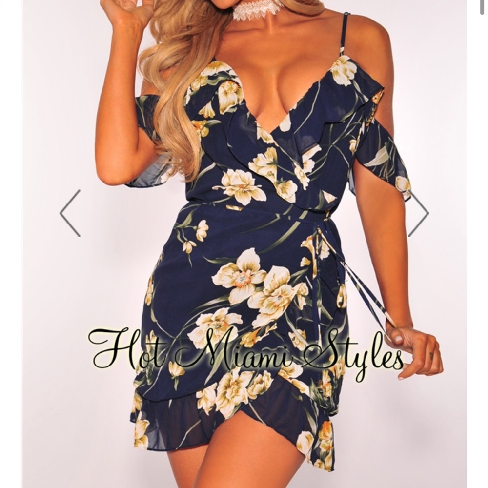 Navy blue floral wrap dress